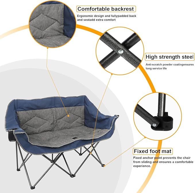 Folding Loveseat Camping Chair,Portable Double Chair w/Cup Holder,Wine Glass Holder,Carry Bag Heavy Duty Lawn Chair for 2 Adults,Perfect for Camp,Hiking,Picnics and Beach Trips,Blue