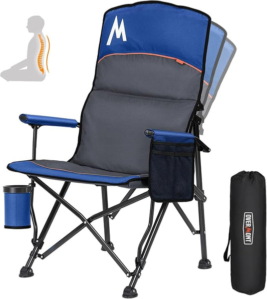 Overmont Back Support Camping Chair for Adults - Oversized with Adjustable High Backrest - Heavy Duty Folding Chair Supports 500 LBS - Cup Holder & Side Pocket – Perfect for Outdoor, Lawn, Beach Blue
