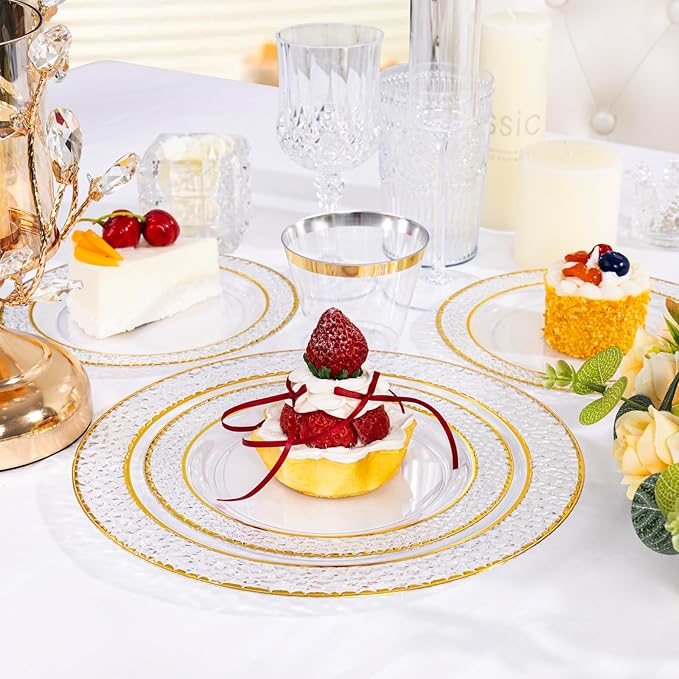 Ciaell 350PCS Clear Plastic Plates with Gold Trim for 50 Guests, Disposable Dinnerware Set for Wedding & Thanksgiving, Includes 100 Plastic Plates, 50 Pre Rolled Napkins with Gold Silverware, 50 Cups