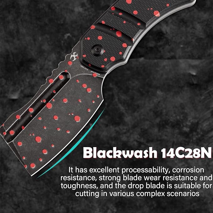 KANSEPT Knives Korvid S Fixed blade Knife with 2.9'' Blackwash 14C28N with Zombie Blood Print Cleaver Blade and Black G10 with Zombie Blood Print Handle, Kydex Sheath for Everyday Carry G2030A10