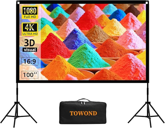 Projector Screen and Stand, Towond 100 inch Portable Movie Screen Indoor Outdoor 16:9 HD Front Rear Projection Screen with Carry Bag Wrinkle-Free and Foldable Polyester Fabric Design for Home Cinema