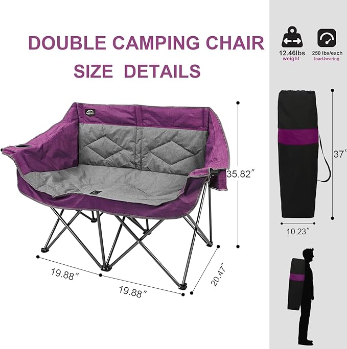 Folding Loveseat Camping Chair,Portable Double Chair w/Cup Holder,Wine Glass Holder,Carry Bag Heavy Duty Lawn Chair for 2 Adults,Perfect for Camp,Hiking,Picnics and Beach Trips,Purple