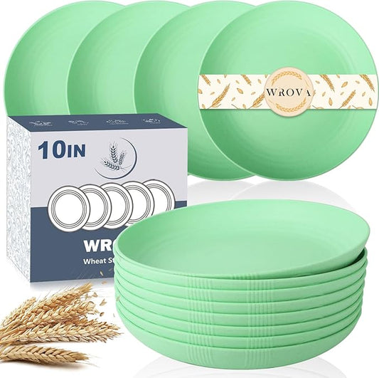 Wheat Straw Plates - 10 Inch Unbreakable Dinner Plates Set of 8 - Dishwasher & Microwave Safe Plastic Plates Reusable for Kitchen and Camping (Light Green)