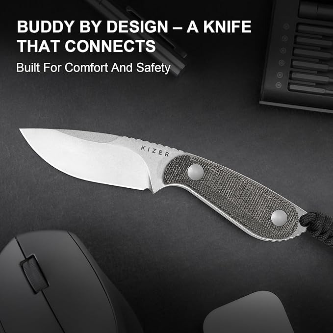 Kizer Buddy Fixed Blade Knife, 3" 14C28N Steel Camping Knife with Black Micarta Handle, Compact EDC Fixed Blade Knives with Sheath for Hiking & Camping 1081A8