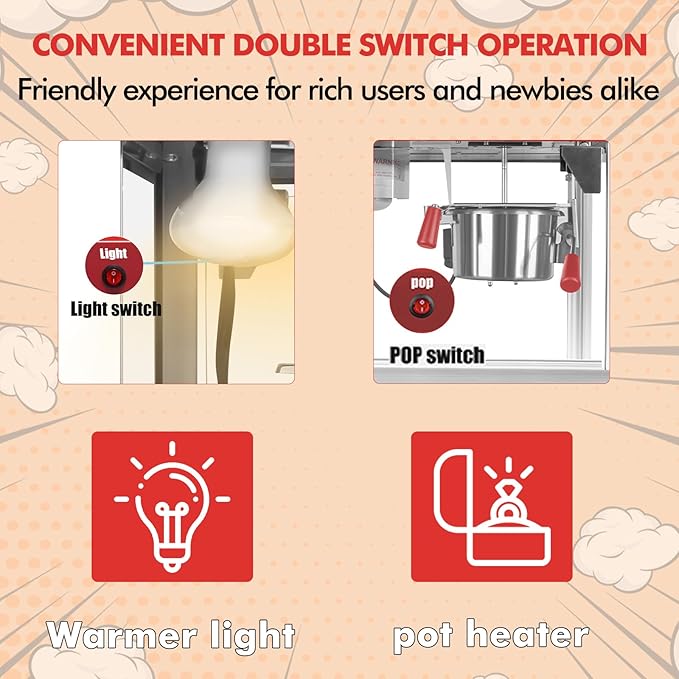 6 Ounce Popcorn Machine, Bar Style Popcorn Machine Popcorn Maker 600W Electric Popper for Home Theater Parties, and Events