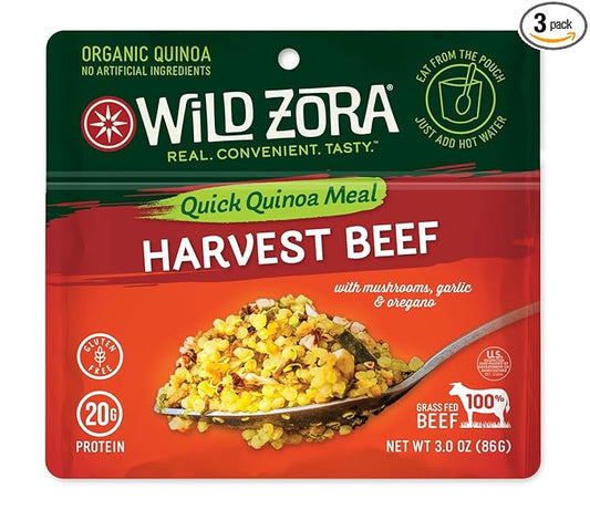 Wild Zora Instant Organic Quinoa Meals, Quick & Tasty Prepared Bowls, Pantry Staples Gluten-Free Meal Plus 10g Olive Oil Packet, Harvest Beef, Mushrooms, Garlic, Oregano (3-Pack)