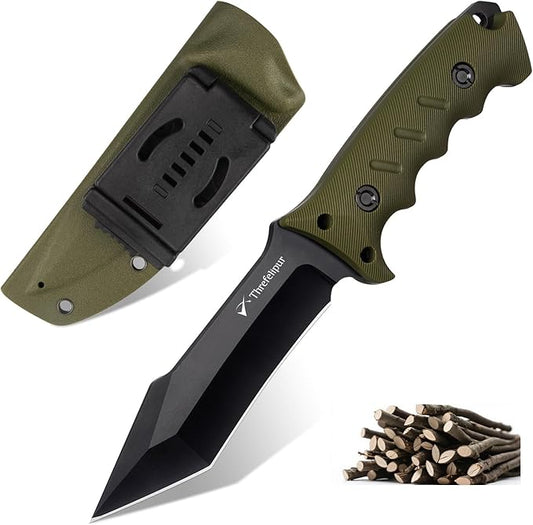 Tanto Camping Knife for Men, D2 Steel Fixed Blade Tactical Survival Knife with Sheath - Compact & Portable for Outdoor Hiking, Bushcraft, G10 Handle - Green