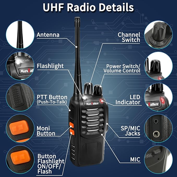 Radios Walkie Talkies Long Range: MaxTalker MT-8S Rechargeable Walkie Talkies with Earpiece, VOX, Flashlight,1500mAh Battery, Walkie Talkie for Adults, Work, Camping Essentials, 6 Pack