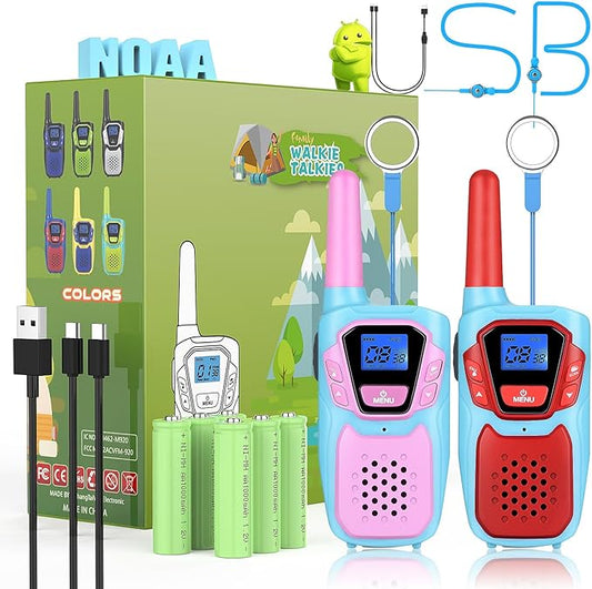 Walkie Talkies for Kids Rechargeable Walkie-Talkie for Adults Long Range Pink 2 Way Radio 2 Pack with Lanyard Battery 4 Miles NOAA USB, Family Toy for 3-12 Year Old Girls Boys Toddlers Camping