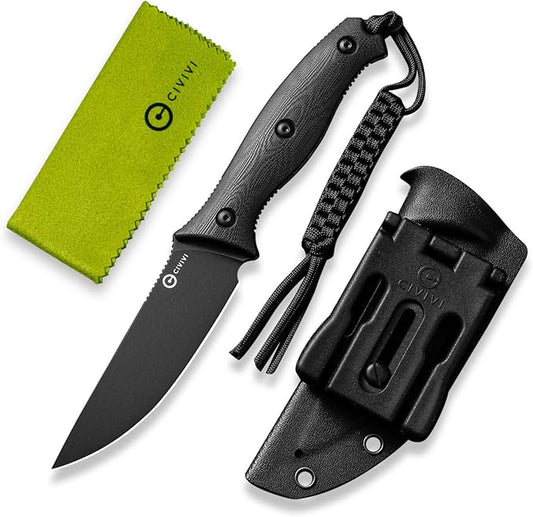 CIVIVI Fixed Blade Knife with a Kydex Sheath, a T-clip, a Lanyard for EDC, Stormridge Full Tang Knife with 3.92" Nitro-V Black G10 Contoured Handle for Outdoor Activities C23041-1
