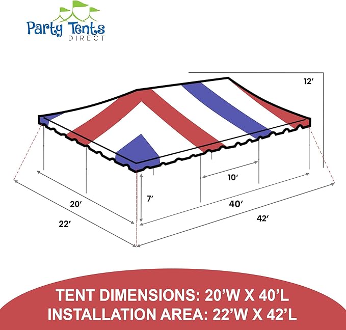 Party Tents Direct 20'x40' Weekender West Coast Tent Frame Party Tent, Red, White and Blue, PVC Top With Storage Bag, Tents for Parties, Weddings, Birthdays, Banquets, Fiestas, Workshop, Outdoor Event