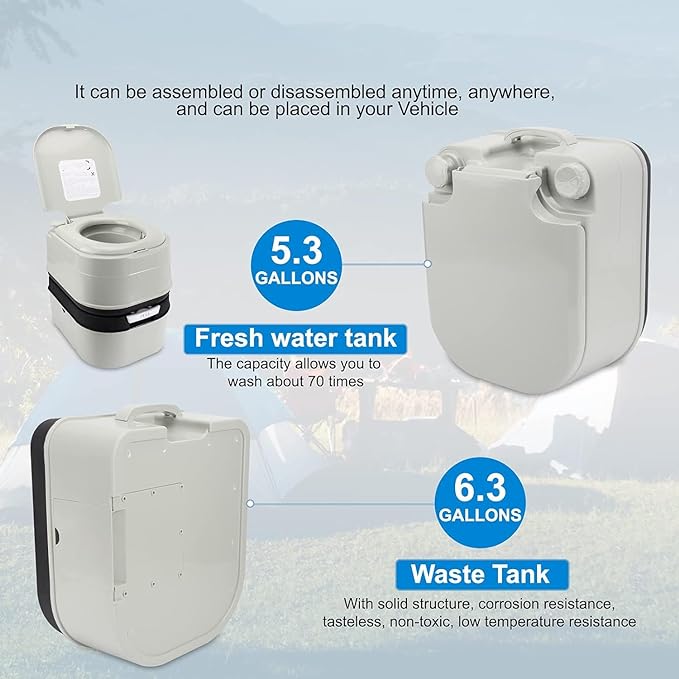 Portable Toilet, 6.4 Gallon 24L Piston Pump Flush with Level indicator Detachable Anti-Leak Handle Water Pump,Rotating Spout Indoor & Outdoor Hiking Toilet for Camping, Fishing Travel