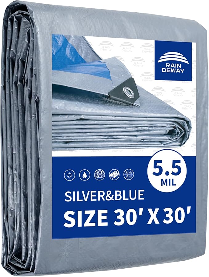 RAINDEWAY Large Tarps 30x30 Feet, 5.5 Mil - Multipurpose Waterproof Poly Tarp Cover with Metal Grommets and Reinforced Edges, Silver/Blue Tarp
