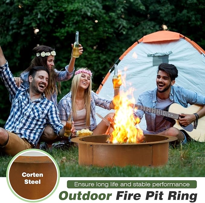 Outdoor Fire Pit Ring-27.5" Outer 23.6" Inter-Round Fire Pit Insert-Corten Steel Firepit Liner Heavy Duty Metal Camping Fire Ring Above or In-Ground for Backyard Garden Bonfire