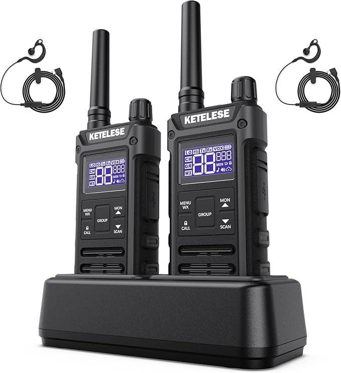 T3G Heavy Duty Walkie Talkies for Adults, IP67 Waterproof Long Range 2 Way Radio, with Earpiece and Mic, Type-C Charge Dock&Cable, VOX, NOAA, PTT, Group 2 Pack, Black/Grey