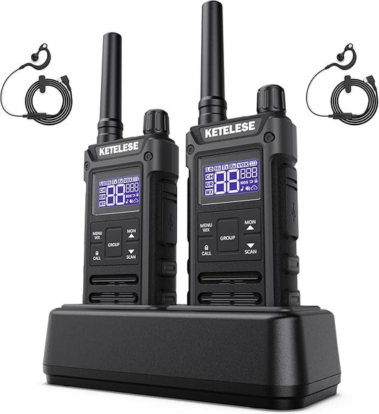 T3G Heavy Duty Walkie Talkies for Adults, IP67 Waterproof Long Range 2 Way Radio, with Earpiece and Mic, Type-C Charge Dock&Cable, VOX, NOAA, PTT, Group 2 Pack, Black/Grey