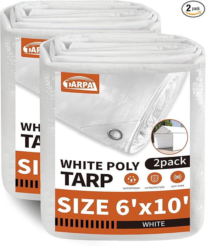 TARPAL Tarp 6'x 10' White Tarp Waterproof 7.5 mil(2-Pack) Medium Duty All Purpose Poly Tarps Cover Waterproof,Snow Proof UV Protection,Rip and Tear Proof,Poly Tarpaulin