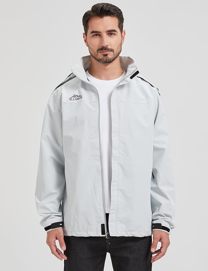 ELLSWOS Men's Waterproof Raincoat Lightweight Rain Jacket with Detachable Hood Softshell Windbreakerl for Hiking Travel