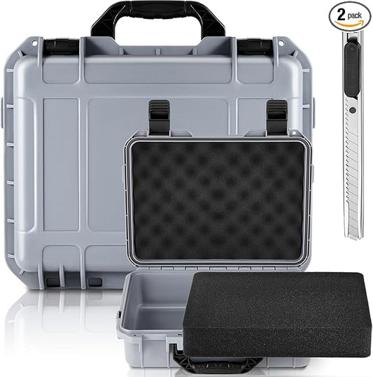 22.4 x 16.1 x 10.2 Inch Waterproof Hard Case with DIY Customizable Foam Insert Portable Protective Case with Knife for Camera Drones Equipments Tools Test Instruments (Gray)