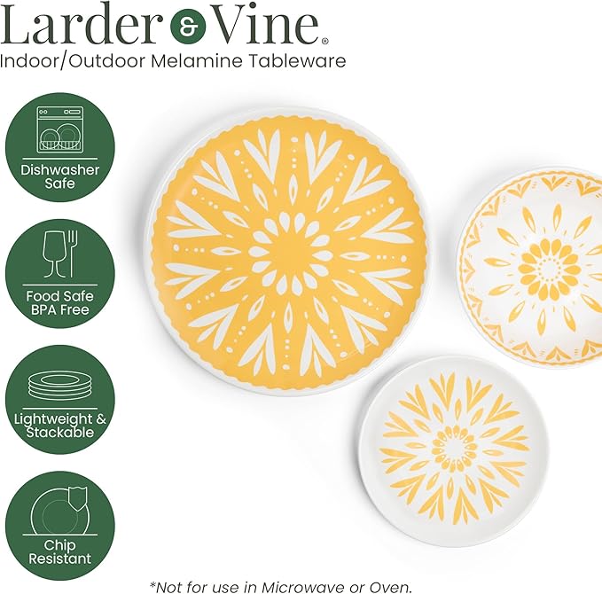 Larder & Vine 12-Piece Melamine Dinnerware Set: Durable, Lightweight, Break-Resistant Plates & Bowls – Stylish, Non-Toxic, Dishwasher Safe – Ideal for Everyday Use, Indoor & Outdoor Dining – Floral