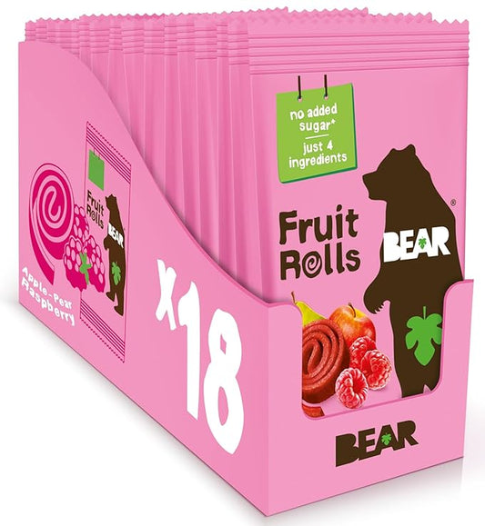 BEAR Real Fruit Snack Rolls - Gluten Free, Vegan, and Non-GMO - Raspberry – 36 Rolls, Healthy School And Lunch Snacks For Kids And Adults, 0.7 Ounce (Pack of 18)