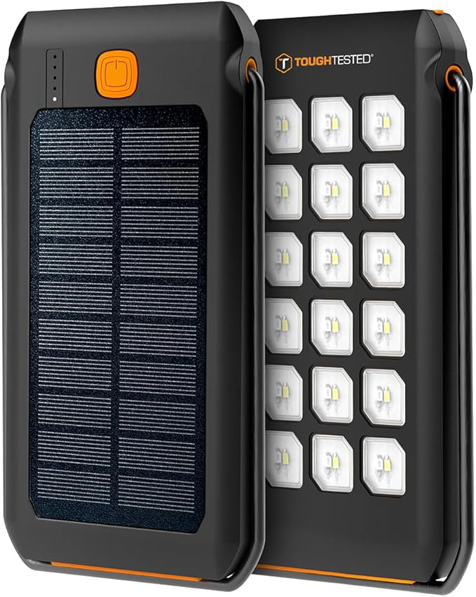 ToughTested Dual 10,000 mAh Solar Power Portable Charger Battery Pack Power Bank IP44 Waterproof and 18 LED Flashlight