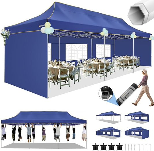 HOTEEL Tents for Parties 10x30 Heavy Duty Pop Up Canopy Tent with 5 Sidewalls&Wheeled Bag, Commercial Event Party Tent Wedding Instant Canopy Waterproof, UV 50+, Upgrade Thick Hexagonal Leg, Deep Blue