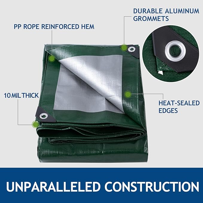 10 Mil Heavy Duty Waterproof Tarps, 10x12 Ft Finished Size Tarps, Premium Tarp with Metal Grommets & Reinforced Edge, Multipurpose Thick Poly Tarp for Car, Boat, Roof, Camping - Green