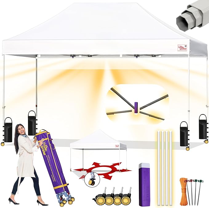 Tradesparker 10x15 Pop Up Canopy Tent,Easy up Commercial Canopy Tent Instant Shelter for Beach Events Parties Camping Market,Pop Up Canopies with LED Curtain+Casters+Weight+Stakes,White