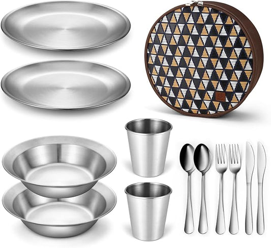 Odoland Stainless Steel Camping Mess Kit for Family & Person, Cooking Tableware Utensils with Plates Bowls Forks Spoons Knives & Savings Bag for Camping, Backpacking, Hiking, Picnic