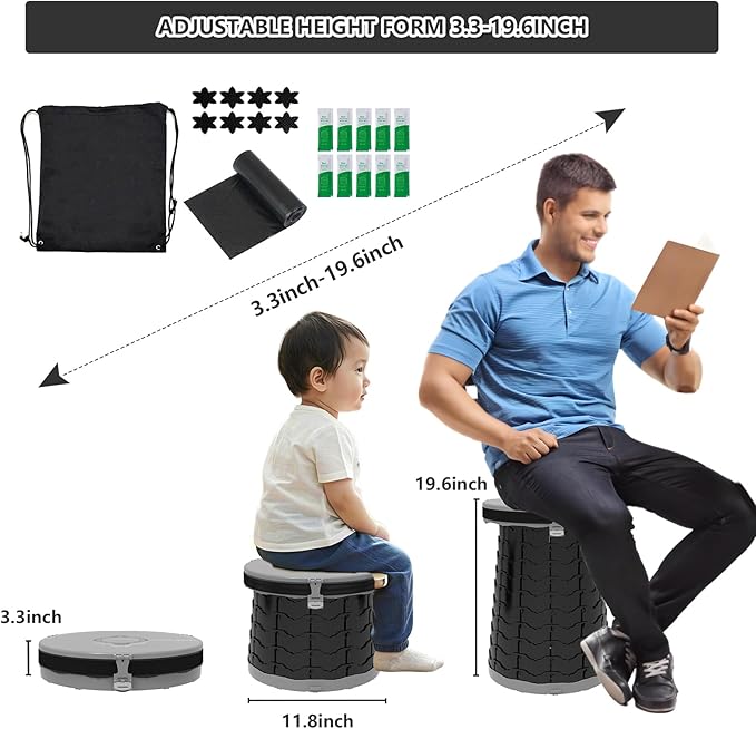 Camping Toilet Retractable Portable for Adults Kids, Adjustable Height Potty with Lid Foldable Design for Hiking, Car Travel, Truck, RV, Boating, Road Trips, Beach (Grey)
