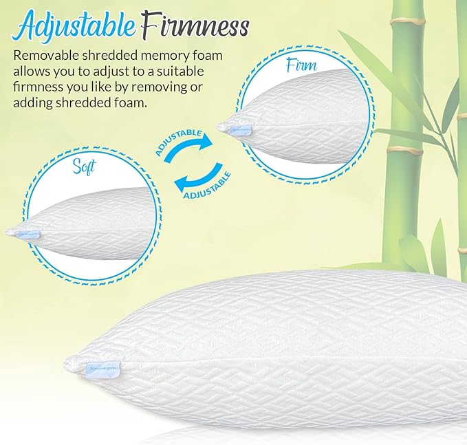 2 Pack King Size Rayon Derived from Bamboo Pillows, Cooling Shredded Memory Foam Bed Pillow Sets for Side, Back, Stomach Sleepers, Adjustable, Washable Cover, King (Pack of 2)