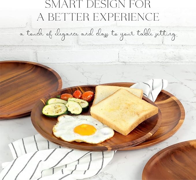 FANICHI Wooden plates (set of 4-11inch) Dinner Plates, Acacia Round Wood Plates, Unbreakable Classic Plates, Easy Cleaning & Lightweight for Dishes Snack, Dessert, Housewarming, Christmas Gift