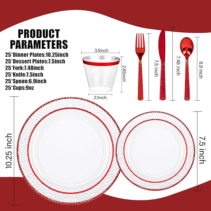 Ciaell 150 PCS Red Plastic Plates – Clear Hammered Disposable Plates with Red Rim include 50Plates, 25Forks, 25Knives, 25Spoons, 25Cups for Wedding & Party & Anniversary & Christmas