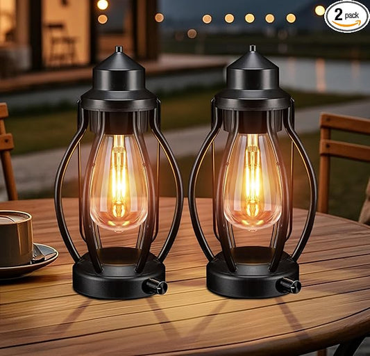 pearlstar Lantern Rechargeable Lamps Decorative Outdoor & Indoor, 2 Pack Vintage Portable LED Lanterns with Fully Dimmable Modes, Camping Lamp Outdoor Lantern for Table Patio Garden Yard Pathway Porch