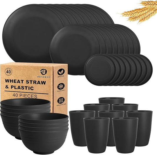 Wheat Straw Dinnerware Sets 40 PCS- Unbreakable Dishes Set for 8, Dishwasher and Microwave Safe Plates and Bowls Sets, Reusable Plastic Plates, Bowls, Drinking Cups for Camping, Party - Black