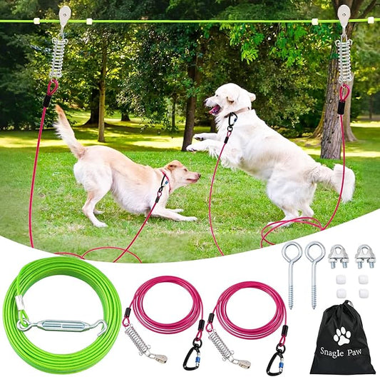 Snagle Paw Heavy Duty Dog Runner for Yard,75ft Dog Run Cable with 10ft & 10ft Pulley for Large Dogs Up to 250lbs, Aerial Dog Zip Line for Backyard, Dog Trolley System for Camping, Park, Outside