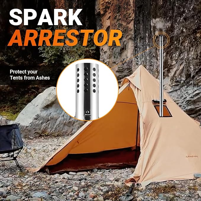 KingCamp Hot Tent Stove, Foldable Camping Stove with Large Firebox, 6.6ft Winter Camping Stove for Tent, Shelter, Cabin Heating, With Chimney Pipes, Heat Resistant Glass & Gloves for Outdoor