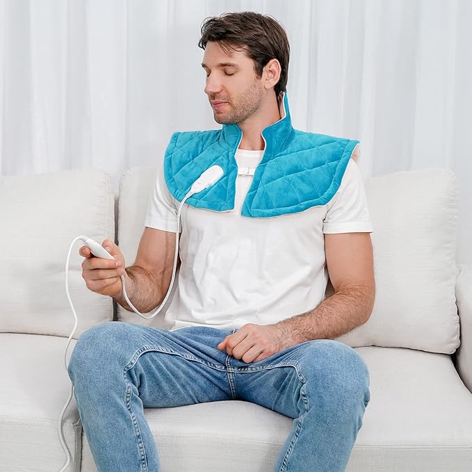 Electric Heating Pad for Neck and Shoulders, Shoulder Heating Pads, Weighted Neck Heating Pad for Pain Relief, 6 Heat Settings Far Infrared Heated Pad with Auto Off (Blue M)