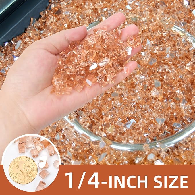 10 Pounds Fire Glass 1/4 Inch High Reflective Tempered Firepit Glass Rocks for Fireplace, Fire Pit Table, Fire Bowl and Landscaping (Champagne)
