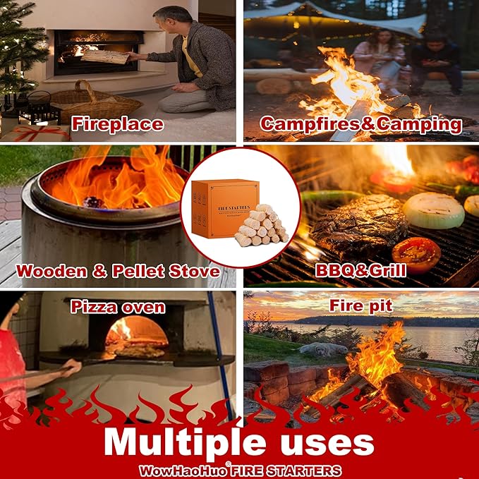 128Pcs Natural Fire Starters for Campfires, Fireplaces, Grills, BBQ & Smokers, Wood Stoves,Fire Pits,A Box of 128 pcs Firestarters