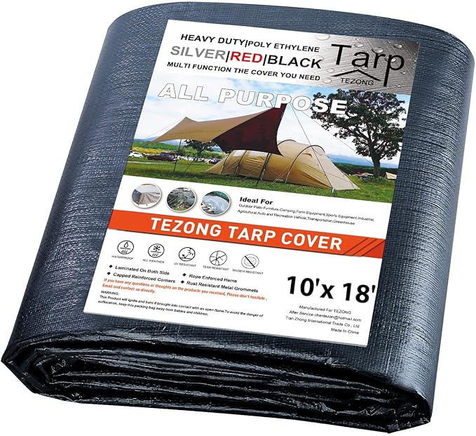 TEZONG Tarps Heavy Duty Waterproof 12x18ft,Black Plastic Tarps Large Multipurpose Outdoor Tarp Cover Thick Poly Tarpaulin 12MIL for Emergency Rain or Sun, Roof, Patio Furniture, Firewood, Canopy