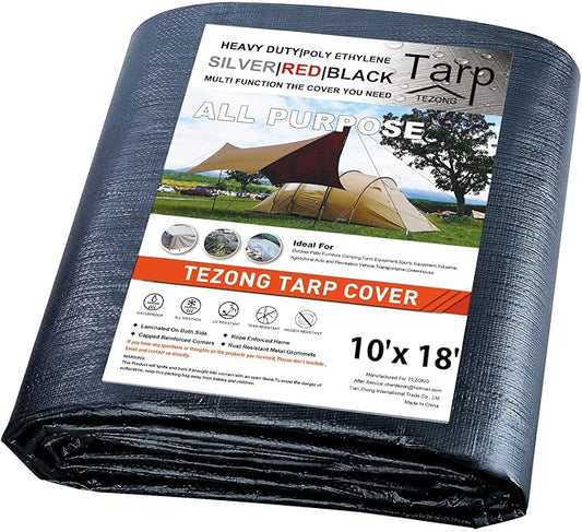 TEZONG Tarps Heavy Duty Waterproof 12x18ft,Black Plastic Tarps Large Multipurpose Outdoor Tarp Cover Thick Poly Tarpaulin 12MIL for Emergency Rain or Sun, Roof, Patio Furniture, Firewood, Canopy