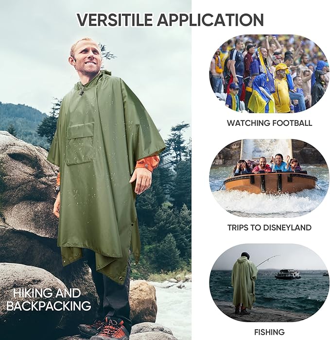 PTEROMY Hooded Rain Poncho for Adult with Pocket, Waterproof Lightweight Unisex Raincoat for Hiking Camping Emergency