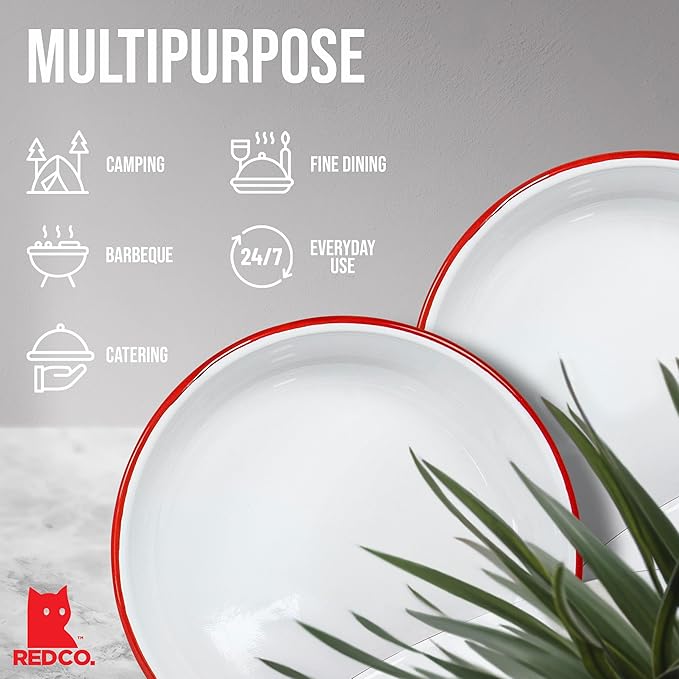 Red Co. Set of 4 Enamelware Metal 10” Round Camping Plates, Solid White/Red Rim