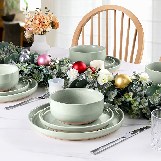 LIANYU Plates and Bowls Sets for 8, 24 Piece China Dinnerware Stoneware Set, Porcelain Dishware for Microwave, Dishwasher, Oven, High temperature Resistant, Fog Green