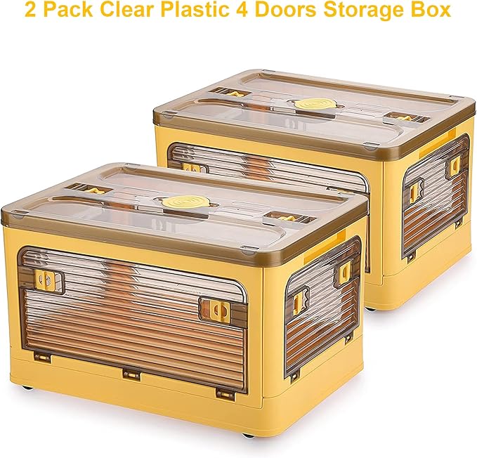 2 Pack Plastic 4 Doors Collapsible Storage Bins with Lid & Wheels, 28 Liters Folding Storage Bins, Stackable Multifunctional Box for Camping Clothes Snack Storage