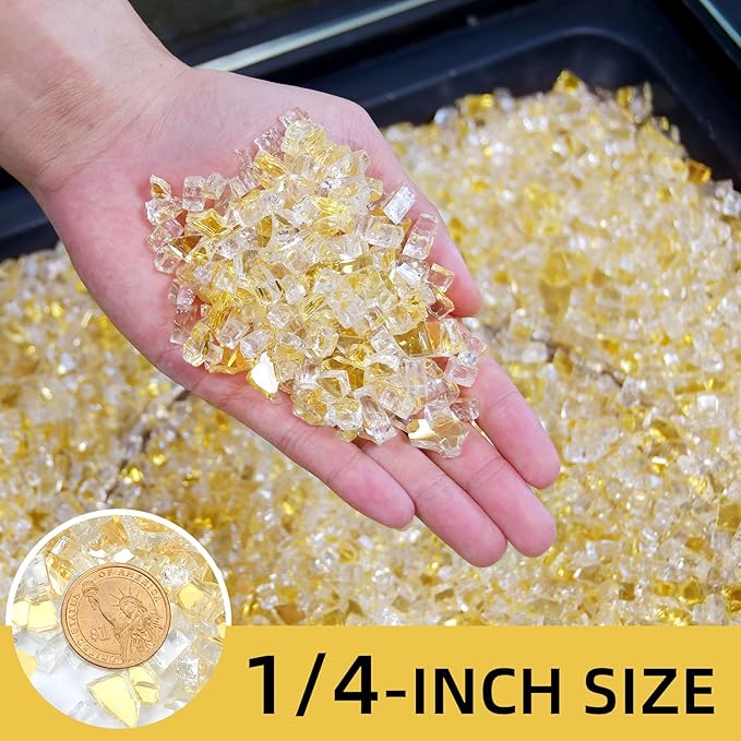 20 Pounds Fire Glass 1/4 Inch High Reflective Tempered Firepit Glass Rocks for Fireplace, Fire Pit Table, Fire Bowl and Landscaping (Gold)