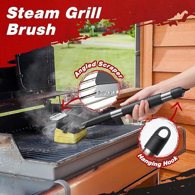 Grill Brush for Outdoor Grill - Bristle Free Grill Cleaner Brush, BBQ Brush with Durable Scraper for Cast Iron or Stainless-Steel Grates, 2 Replaceable Heat-Resistant Heads (Grill Brush Yellow)