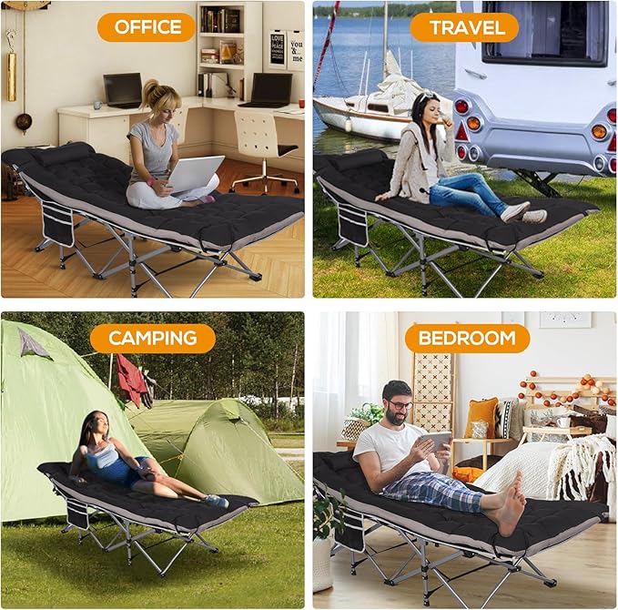 2 Pack Wide Folding Camping Cots with Pillow & Extra Thick 3 Inch Matress, Cots for Sleeping 900 LBS, Camping Bed for Adults with Cushion, Sleeping Cot (Black)